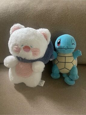 No Boundaries Blue Squirtle Plush and Pink-Accented White Cat Stuffed Toys